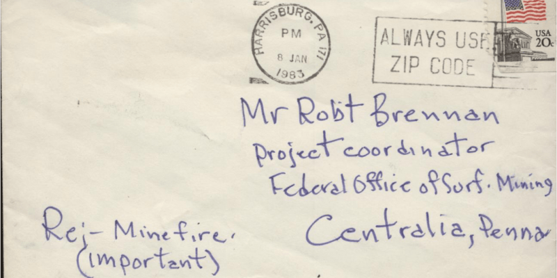 Anonymous letter to Robert J. Brennan concerning Centralia fire, mailing envelope