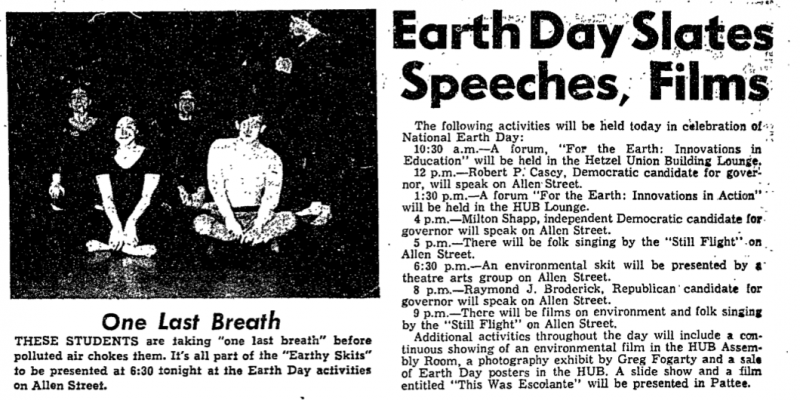 Earth Day notice, Daily Collegian, April 22, 1970